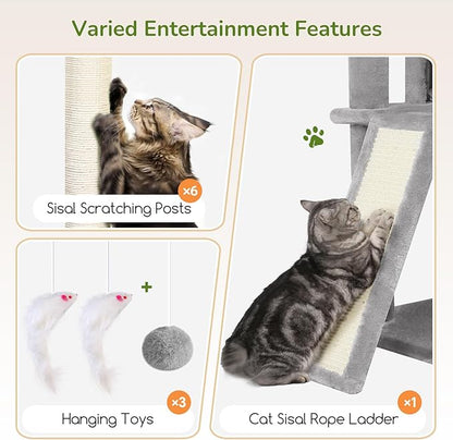 Globlazer Extra Large Cat Tree, 78 inch Sturdy Tall Cat Tree Tower for Indoor Multiple Large Adult Cats Kittens with 6 Scratching Posts, Enlarged Top Perch, 2 Padded Condos, S78G, Light Grey