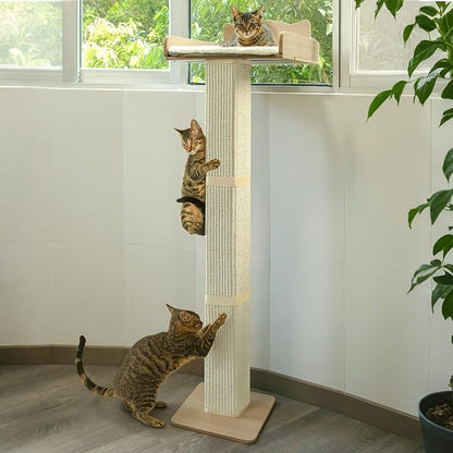 Cat Window Perch with Thick Sisal Scratching Post, Cat Hammock for Window, 53.5" Adjustable Tall Cats Scratching Post with 2 Upgrade Suction Cups, Cats Window Bed with Fluffy Cushion, Sisal