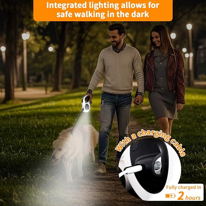 Retractable Dog Leash with USB Rechargeable LED Light, 16 ft Heavy Duty Dog Lead with Poop Bag Holder & Chew Proof Cable, Leash for Small Medium Large Dogs, White