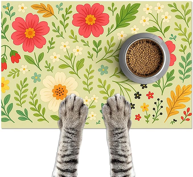 Absorbent Pet Feeding Mat Floral Design for Dogs and Cats Food Water Bowl Mat Easy to Clean Pet Food Mat for Kitchen Area Home Decor 24 x 16 Inches Anti Slip Dog Bowl Mat Pet Placemat