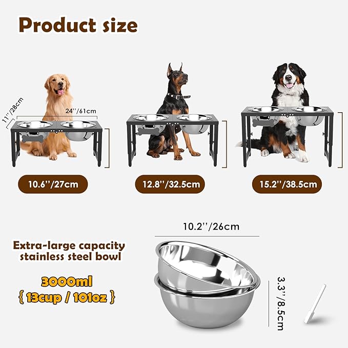 SHAINFUN Elevated Dog Bowls for Large Dogs, 3 Height Adjustable，Raised Tall Dog Food Water Bowl Stand with Two 101oz Bowls