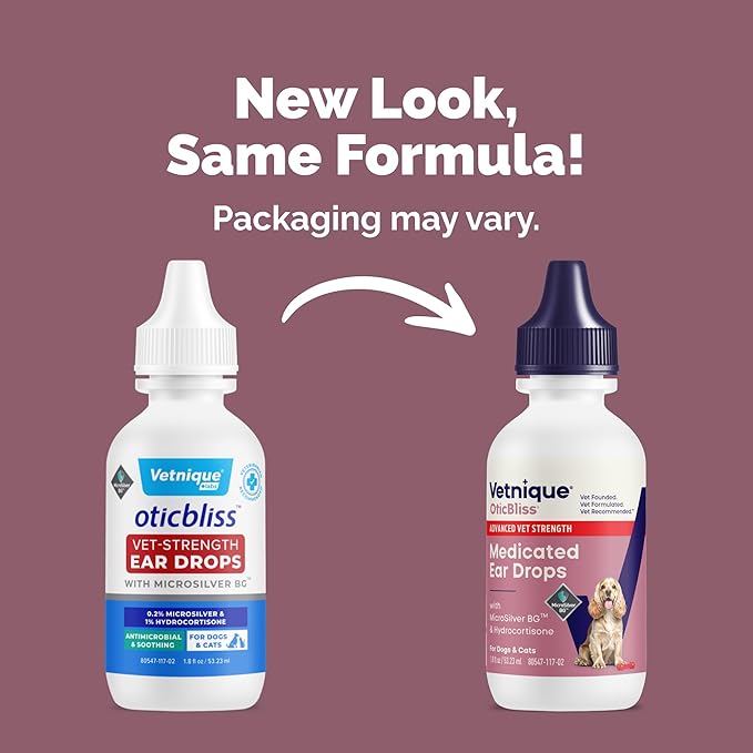 Vetnique Oticbliss Cat & Dog Ear Infection Treatment | Dog Ear Allergy Relief Drops, MicroSilver Yeast Infection Treatment for Dogs, Hydrocortisone for Itching, Redness Swelling (Ear Infection Drops)