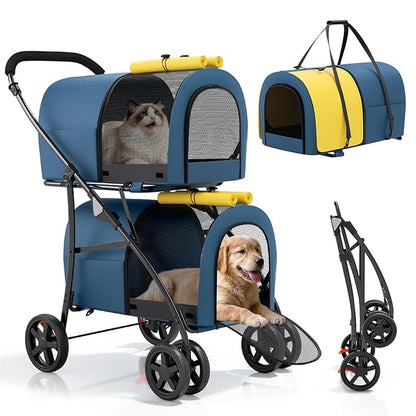 Magshion Double Dog Stroller with 2 Detachable Carrier Bags, 4-Wheel Folding Pet Travel Strolling Cart with Storage Pocket for Small-Medium Dogs & Cats Puppy, Navy Blue/Yellow