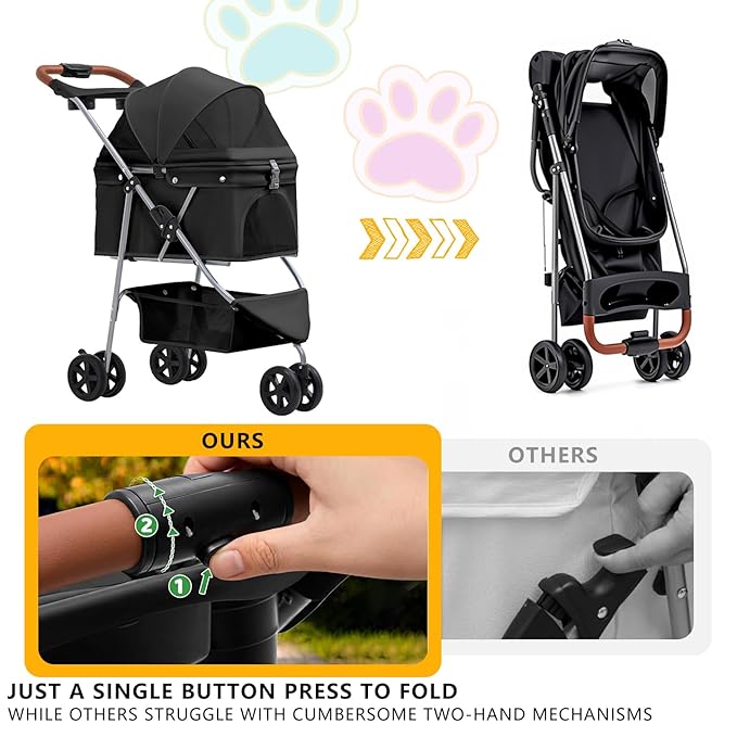 Pet Stroller for Small/Medium Dogs and Cats, Foldable 3 Wheel Jogger with One-Click Fold, Breathable Mesh, Storage Basket, Cup Holder, Weather Cover, Black (Black)