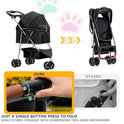 Pet Stroller for Small/Medium Dogs and Cats, Foldable 3 Wheel Jogger with One-Click Fold, Breathable Mesh, Storage Basket, Cup Holder, Weather Cover, Black (Black)