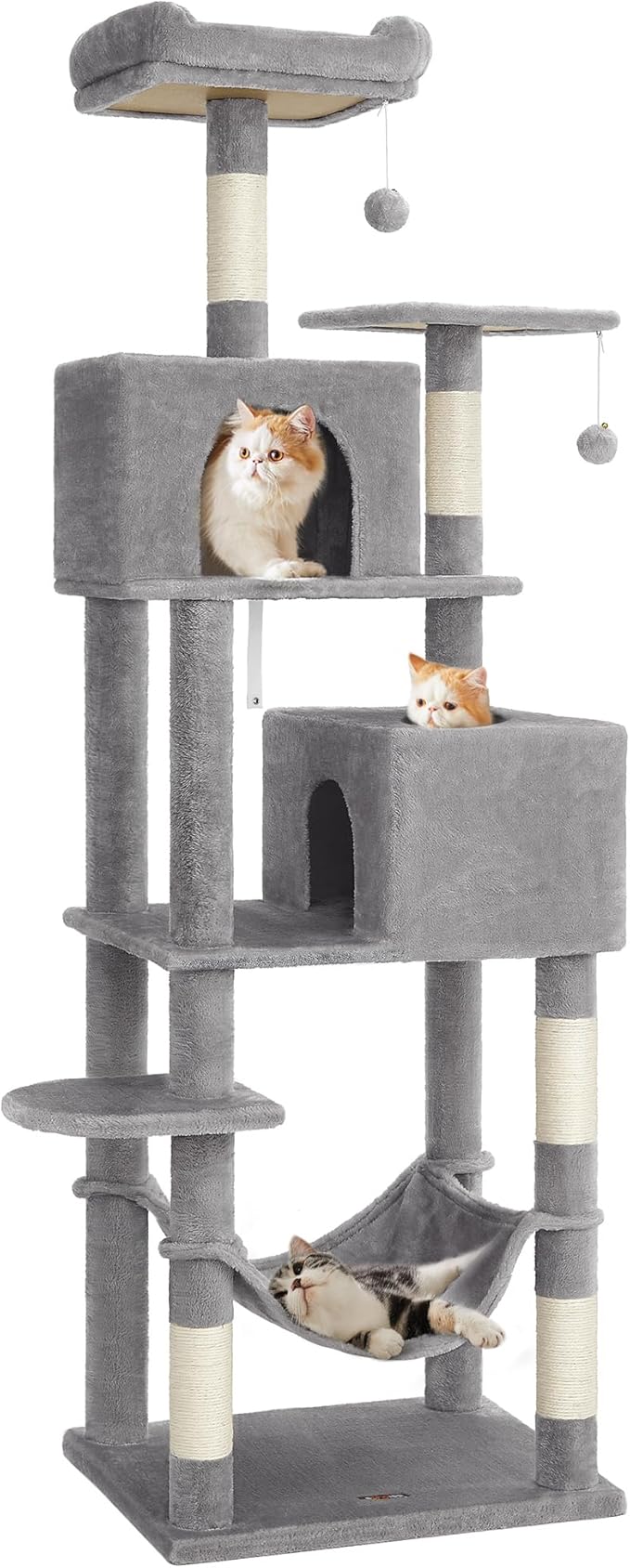 Feandrea Cat Tree, 73.2-Inch Tall Cat Tower, Plush Multi-Level Condo with 5 Scratching Posts, 2 Perches, 2 Caves, Hammock, 2 Pompoms, Light Gray UPCT191W01