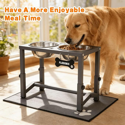 Elevated Dog Bowls, 4 Height Adjustable Metal Raised Bowl Stand with 2 Thick Stainless Steel Food Bowls & Spill-Proof Mat, Adjusts to 13.6'', 12.2'', 10.9'', 9.5'' for Large/Medium Breeds