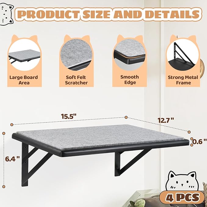 Cat Wall Shelves Set of 4, Purrfect Cat Furniture Set - 4 Piece Wooden Wall Shelves with Scratching Pad, Sleeping & Playing Area, Window Perch for Large Cats - Black