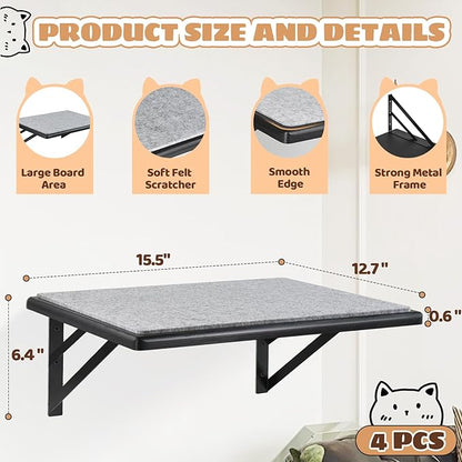 Cat Wall Shelves Set of 4, Purrfect Cat Furniture Set - 4 Piece Wooden Wall Shelves with Scratching Pad, Sleeping & Playing Area, Window Perch for Large Cats - Black