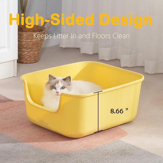 Large Cat Litter Box with High Sides,Cat Boxes for Indoor Cats,Cat Litter Pan for Kitty,Litter Box with Low Entry,Easy to Clean,Anti-Splashing (Grey)