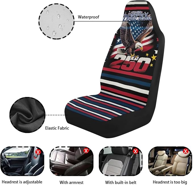 250th Eagle Flag Car Seat Covers Universal Bucket Seat Cover Waterproof Anti-Slip Automotive Accessories Suitable for Cars, SUV and Trucks