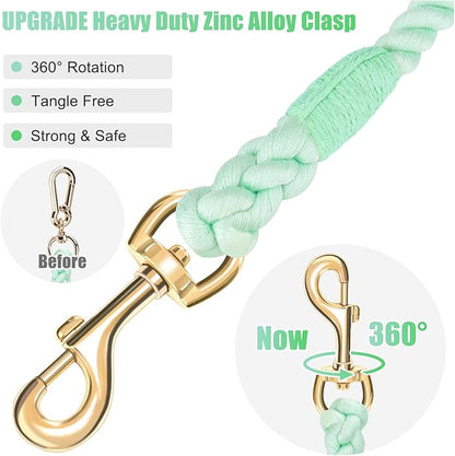 Dog Leash 5 FT Handmade Braided Cotton Rope Leashes for Small Medium and Large Dogs, New Golden Heavy Duty Metal Clasp, Light Green