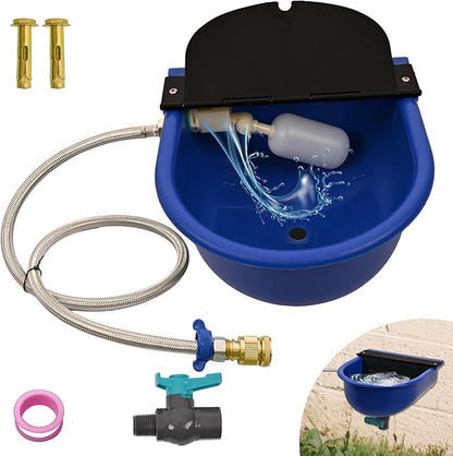 Automatic Dog Water Dispenser with Drain Valve, 1 Gallon Outdoor Auto Water Dog Bowl with Float Valve, Automatic Chicken Waterer with Hose Quick Connector, for Horse, Poultry (Blue)
