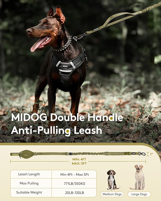 MIDOG Dog Leash with Zipper Pouch,Multifunctional Bungee Leash for Medium to Large Sized Dog Walking