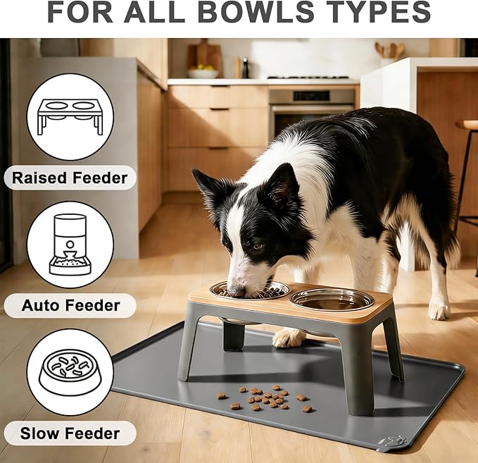 ESTHELLO Waterproof Pet Feeding Mats - Advanced Silicone Dog Food Mat Easy to Clean for Dog & Cat Bowls, 24''x16'' Premium Gray