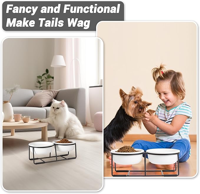 Ceramic Elevated Dog Bowl Set - Double Dog Food and Water Bowls with Metal Stand - Raised Pet Dishes for Puppies and Cats - 1 Cup - 13.5 fl oz - Matte White