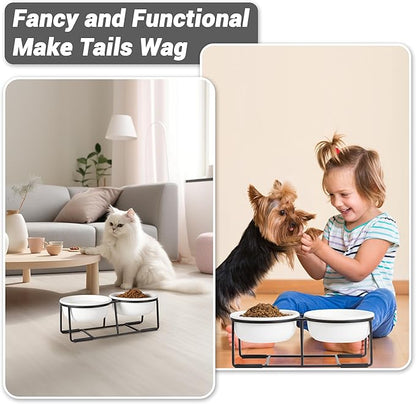 Ceramic Elevated Dog Bowl Set - Double Dog Food and Water Bowls with Metal Stand - Raised Pet Dishes for Puppies and Cats - 1 Cup - 13.5 fl oz - Matte White