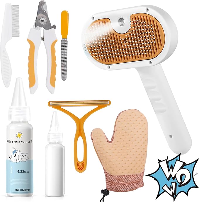 Pet Steam Brush for Dog & Cat – 3-in-1 Spray Hair Removal Comb for Shedding & Grooming, Softens Fur & Reduces Static – Water Brush for Long & Short Coats, Bath-Hating Pets, Includes Waterless Shampoo