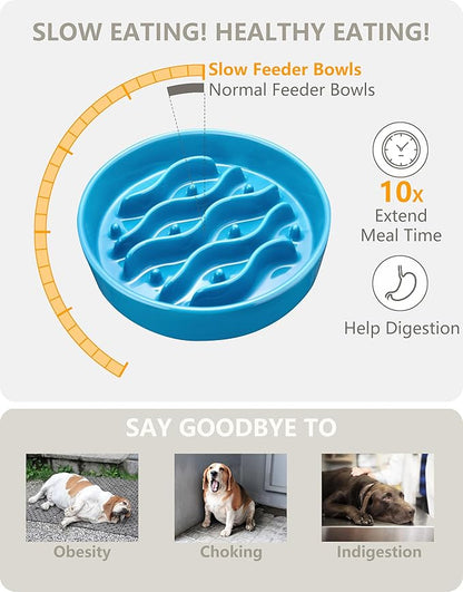 Ceramic Slow Feeder and Water Bowl Set for Medium and Large Dogs, 2.0 Cups Dog Slow Feeder(30oz) and 70oz Water Bowl Set, 8in, Baby Blue