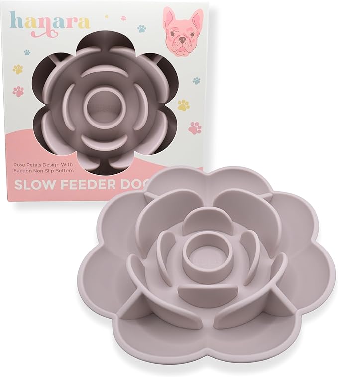 Hanara Sillicone Slow Feeder Dog Bowls & Lick Mat with Suction Bottom | Rose Petals Design | Promotes Better Digestion, Prevent Choking | Dish Washer Safe | Great Size for All Breed (Misty Gray)