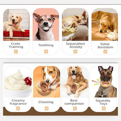 Dog Chew Toys for Aggressive Chewers, Indestructible Tough Squeaky Mental Stimulation Teeth Grinding Interactive Dog Chew Toys for Small/Medium/Large Dog Breeds, Creamy Scent Donut Brown