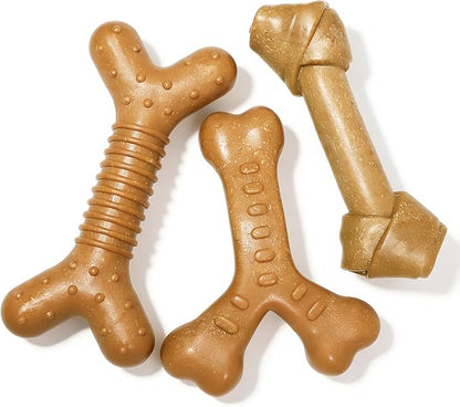 Dog Chew Toys for Aggressive Chewers, 3 Pack Nylon & Wood Teething Bone Toy Set with Chicken Flavor, Durable Tough Bones Chewing Toys for Medium & Large Dogs