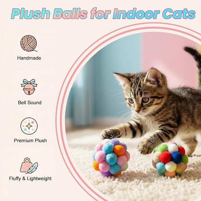 9 Pack Cat Toy Balls for Indoor Cats, Pom Pom Fuzzy Balls with Bells, Wool Yarn Toy with String, Mylar Crinkle Balls Interactive Kitten Toys for Indoor Cats Chase and Play Keep Busy Stress Relief