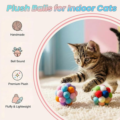 9 Pack Cat Toy Balls for Indoor Cats, Pom Pom Fuzzy Balls with Bells, Wool Yarn Toy with String, Mylar Crinkle Balls Interactive Kitten Toys for Indoor Cats Chase and Play Keep Busy Stress Relief