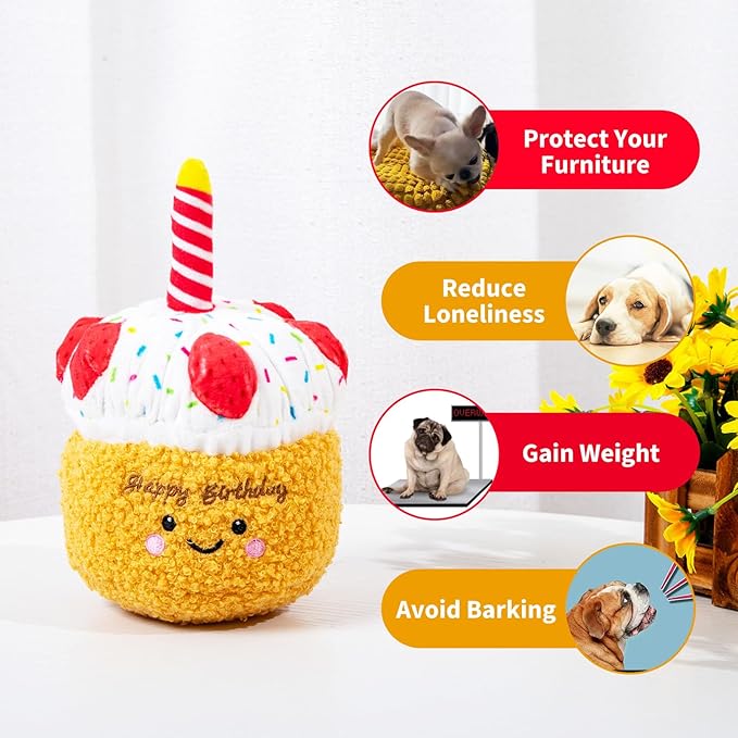 DODODOLA Stuffed Dog Toys Durable Plush Dog Toy with Crinkle Paper Cute Elephant Squeaky Dog Toys Dog Chew Toys for Medium Large Breed (Yellow Birthday Cake)