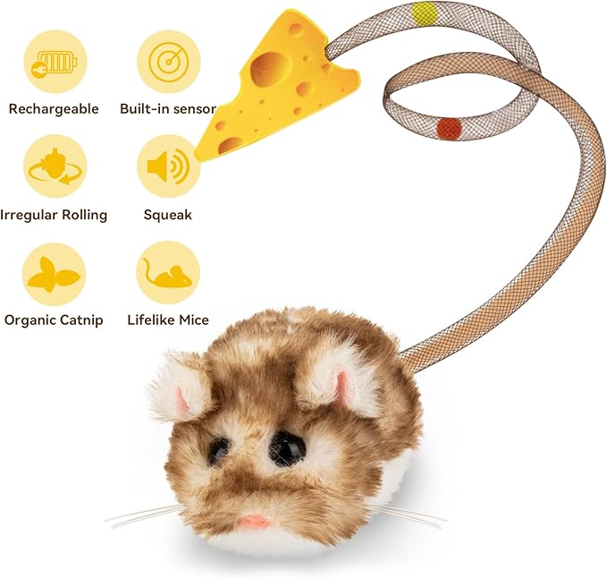 Migipaws Interactive MigiMouse Cat Toy 360° Rolling & Spin with Mesh Plastic Tail for Indoor Cats Smart Motion Sensor, Realistic Squeak, Rechargeable Plush Kitten Toy(Brown Long)