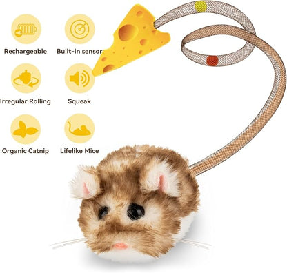 Migipaws Interactive MigiMouse Cat Toy 360° Rolling & Spin with Mesh Plastic Tail for Indoor Cats Smart Motion Sensor, Realistic Squeak, Rechargeable Plush Kitten Toy(Brown Long)