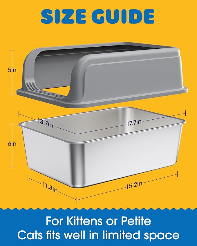 2-Pack Stainless Steel Cat Litter Box for Kitty with Scoops, Non-Stick & Easy-to-Clean Metal Cat Litter Box with Leakproof Enclosure, Grey