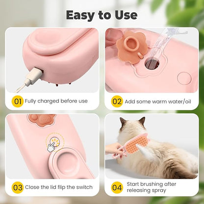 Cat Steam Brush for Shedding, 4 in 1 Rechargeable Steam Brush for Cats and Dogs, Anti-Static, Massage, flea comb for cats& Pet Removal Hair Glove,Shedding & Combing All In One!(Pink)