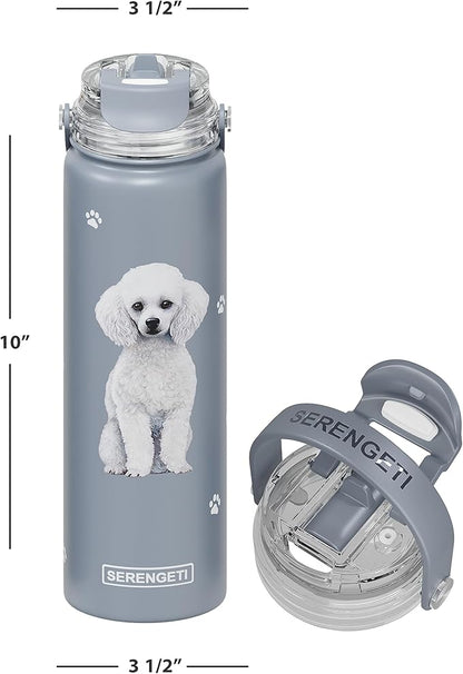 SERENGETI 24 Oz Water Bottle Stainless Steel with Spill Proof Lid - Double walled Vacuum Insulated water flask - Realistic 3D Print of your favorite dog (Poodle)