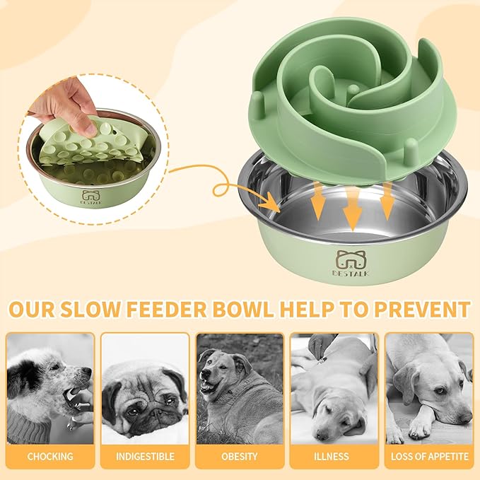 2-in-1 Metal Slow Feeder Dog Bowl, Bestalk Stainless Steel Dog Bowls with Silicone Slow Feeder Insert, Food Grade 304 Water Food Bowl with Anti-Slip Base for Small, Medium, Large Dogs