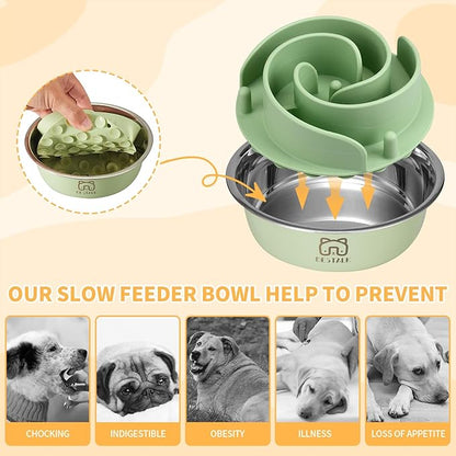 2-in-1 Metal Slow Feeder Dog Bowl, Bestalk Stainless Steel Dog Bowls with Silicone Slow Feeder Insert, Food Grade 304 Water Food Bowl with Anti-Slip Base for Small, Medium, Large Dogs