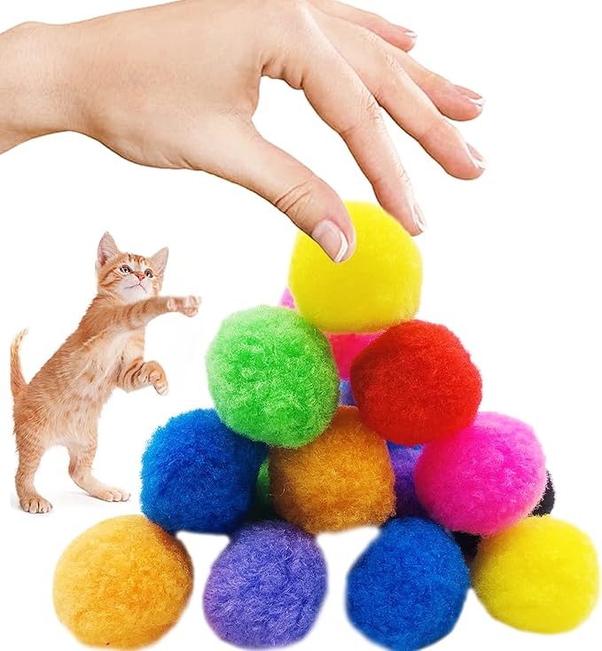 PET SHOW 100pcs 1.5"/3.8cm Cat Toy Balls Bulk Soft Kitten Pompon Toys Indoor Cats Interactive Playing Quiet Ball Cats Favorite Toy Assorted 10 Colors