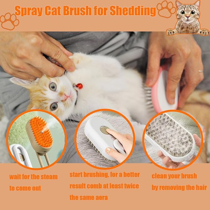 Cat Steam Brush for Shedding, 4 in 1 Rechargeable Steam Brush for Cats and Dogs, Spritz Defur Comb for Cats, Anti-Static, Cleaning, Shedding & Combing