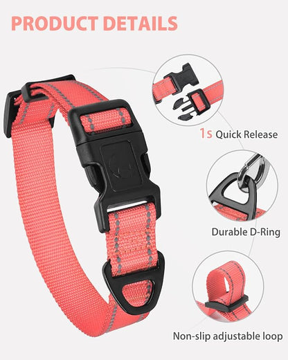 Joytale Dog Collars for Small Dogs, Feather-Light Double-Sided Reflective Nylon Collar for Night Safety, Adjustable Quick-Release for Growing Puppies, Pink, S (5/8" Width)