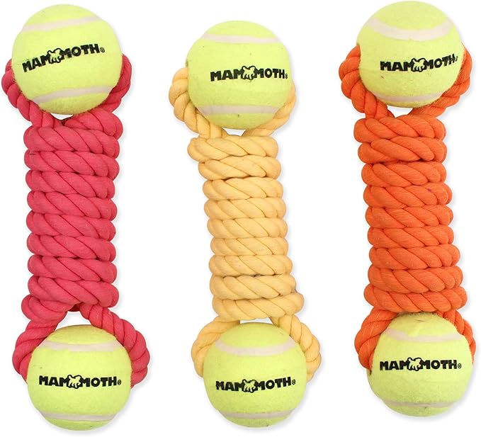 Mammoth Flossy Chews Twister Rope Toy with Tennis Balls Premium Cotton-Poly Tug Toy for Dogs Interactive Dog Tug Toy Rope Dog Toy with Tennis Balls for Medium to Large Dogs Large 13" Assorted Colors