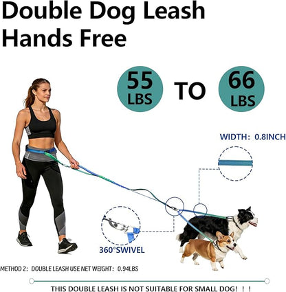 Roses&Poetry Hands Free Double Dog Leash for Two Dogs, 9-11ft Adjustable Bungee Walking Waist Lead, Dual Dog Leash with Tangle-Free Swivel for Medium Large Dogs Heavy Duty Running(Bluegreen)