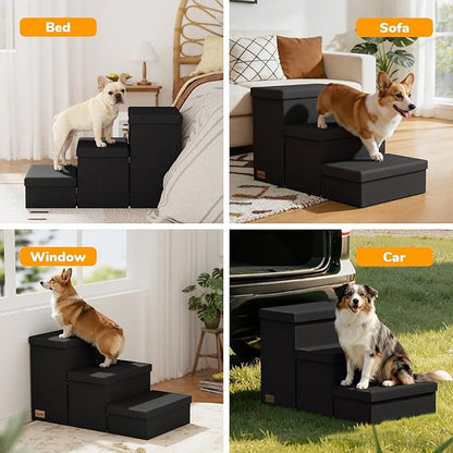 3-Step Wide Dog Stairs with Storage 18" H, Non-Slip Sturdy Pet Steps for High Bed Couch Window, Pet Stairs for Small/Medium/Large Old Dogs Cats Up to 200lbs, Cat Dog Steps for Car/SUV, Black