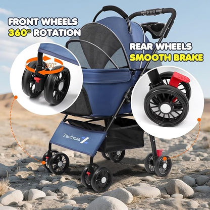 Dog Stroller, 4 Wheels Pet Stroller for Small & Medium Dogs, One-Click Foldable Cat Strollers Up to 45 Ibs with Storage Basket, Cup Holder and Breathable Mesh