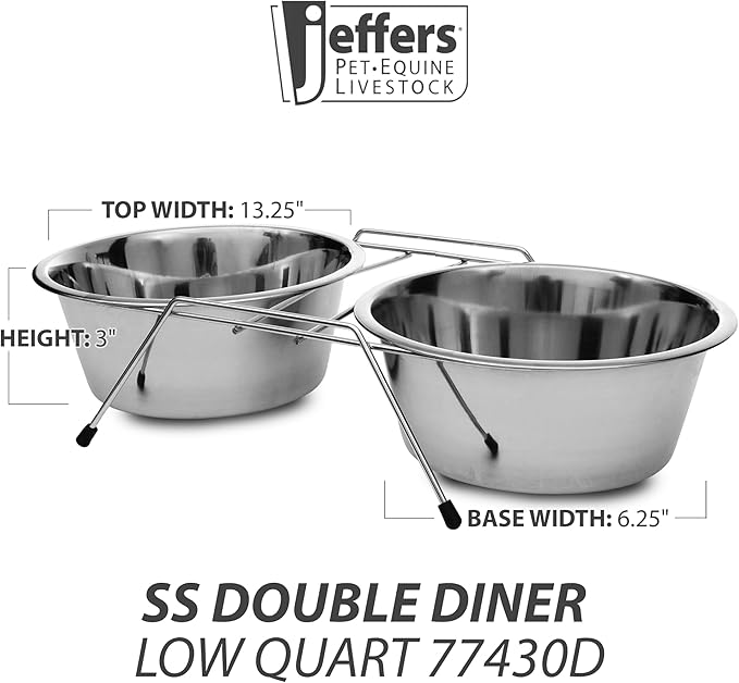 Jeffers Pet Low Profile Stainless Steel Double Diner Pet Bowls with Non-Skid Frame – Dog Bowls & Cat Bowls for Food, Water, Milk, Wet or Dry Pet Food, Puppy, Kitten Feeding Station Set - 32 oz