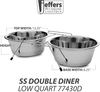 Jeffers Pet Low Profile Stainless Steel Double Diner Pet Bowls with Non-Skid Frame – Dog Bowls & Cat Bowls for Food, Water, Milk, Wet or Dry Pet Food, Puppy, Kitten Feeding Station Set - 32 oz