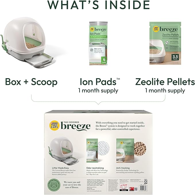 Purina Tidy Cats Breeze Covered Cat Litter Box System Kit with Pellet Cat Litter, Hooded Litter Box, and Litter Box Pads