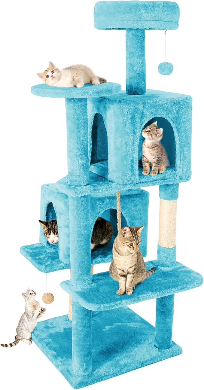 58in Large Cat Tree Tower for Indoor Cats with Soft Plush Hang Ball, Two Condos, Sisal Scratch Posts & Rope Play for Kittens/Adult Cats, Blue
