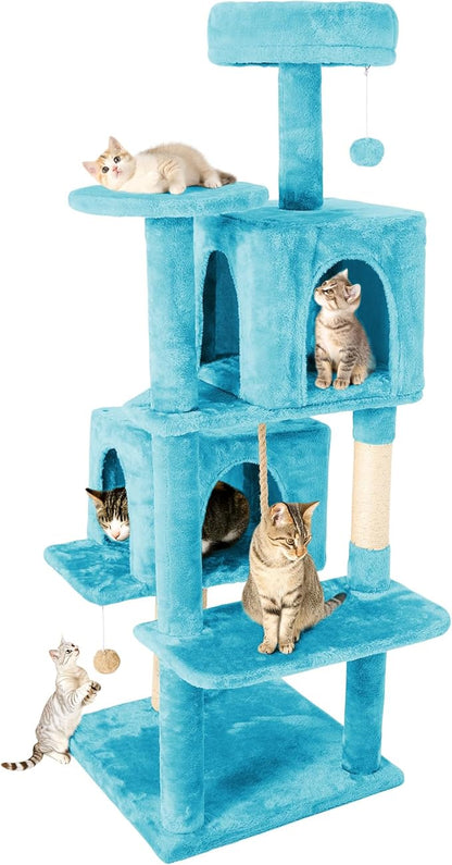 58in Large Cat Tree Tower for Indoor Cats with Soft Plush Hang Ball, Two Condos, Sisal Scratch Posts & Rope Play for Kittens/Adult Cats, Blue