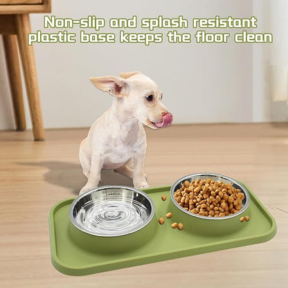 Double Dog Food Bowls Stainless Steel with No Spill Non Skid Silicone Mat Removable Dog Water and Food Bowls Set Durable Feeding for Small Dogs Puppy Cat Kitten(Green)