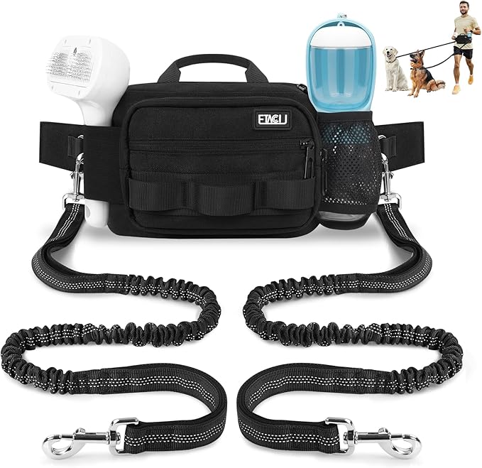 ETACCU Hands Free Dog Leash with Zipper Pouch, Waist Belt for Large Medium 2 Dogs for Running, Walking, Jogging and Hiking, Dual Padded Handles and Durable Bungee - Black (2 Dog)